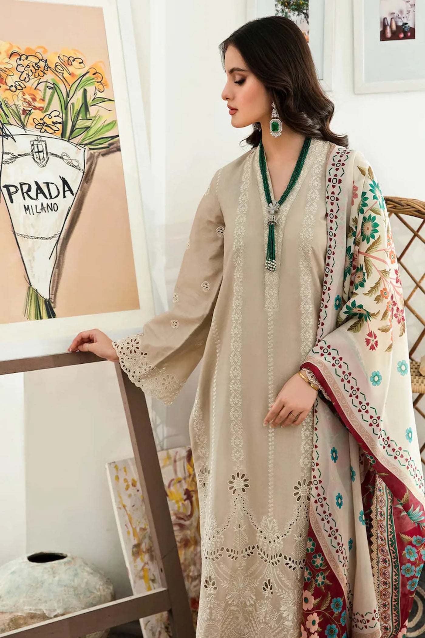 LAAM 3PC Chickenkari Embroidered Shirt With Print Shawl-IB-521