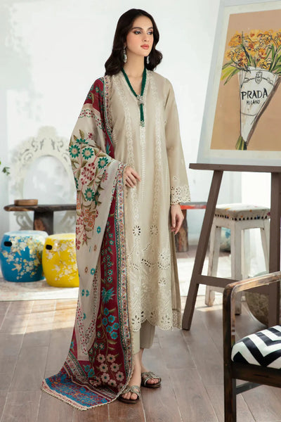 LAAM 3PC Chickenkari Embroidered Shirt With Print Shawl-IB-521