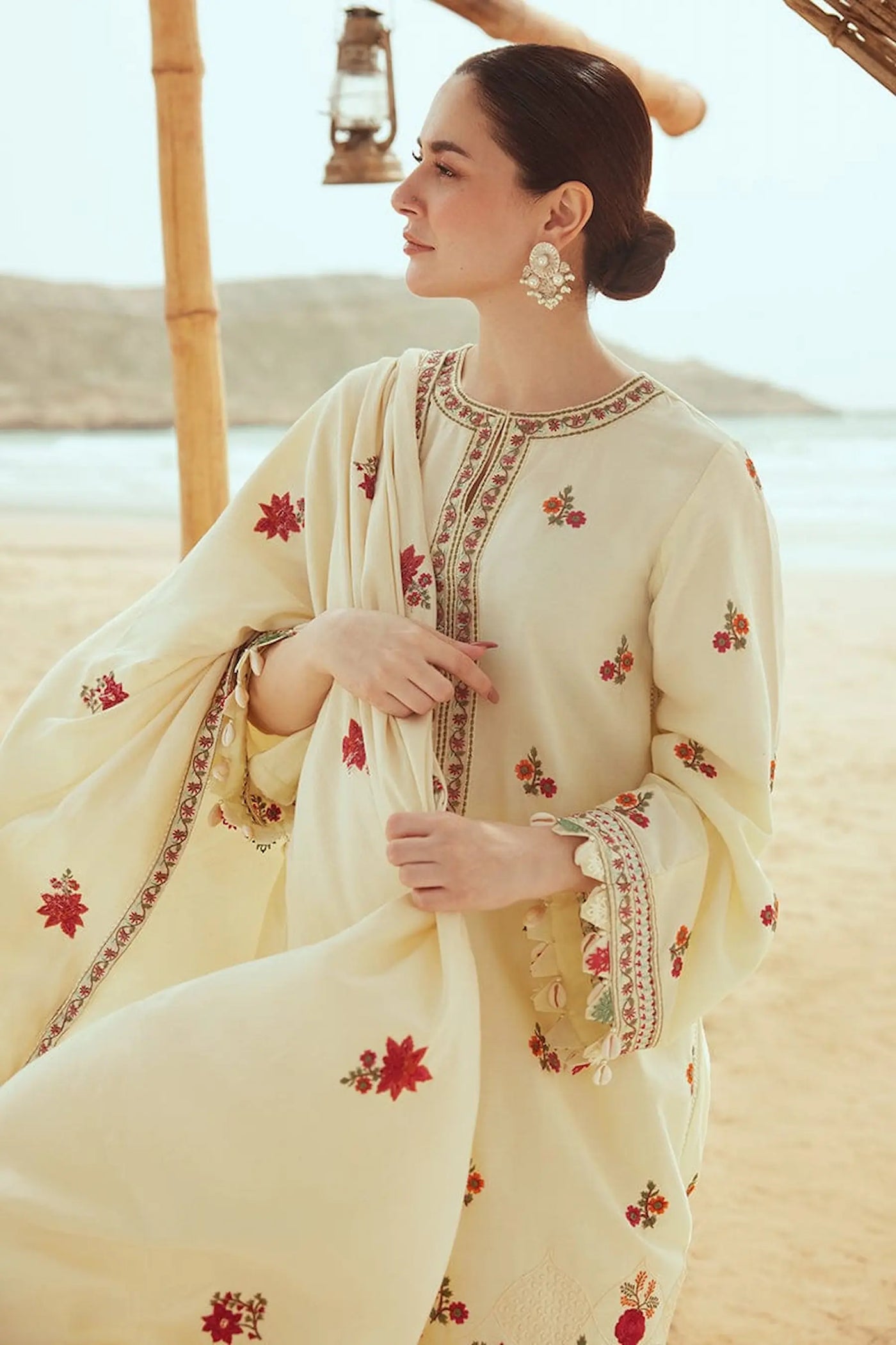 CREWEL CREAM-3PC SATIN EMBROIDERED SUIT || COTTON SATIN UNSTITCHED-23 || CROSS STITCH  IB-3032