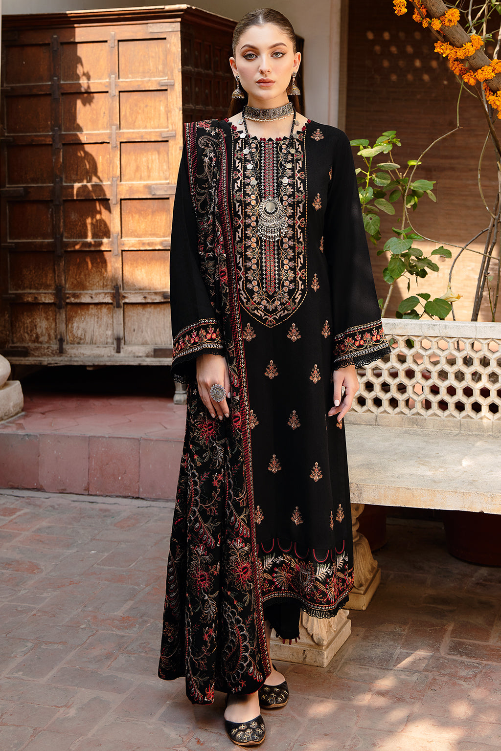 IB-0115 | 3 Piece - Unstitched Dhanak Stuff Full Embroidered Suit With Full Embroidered Shawl With Extra Patches.