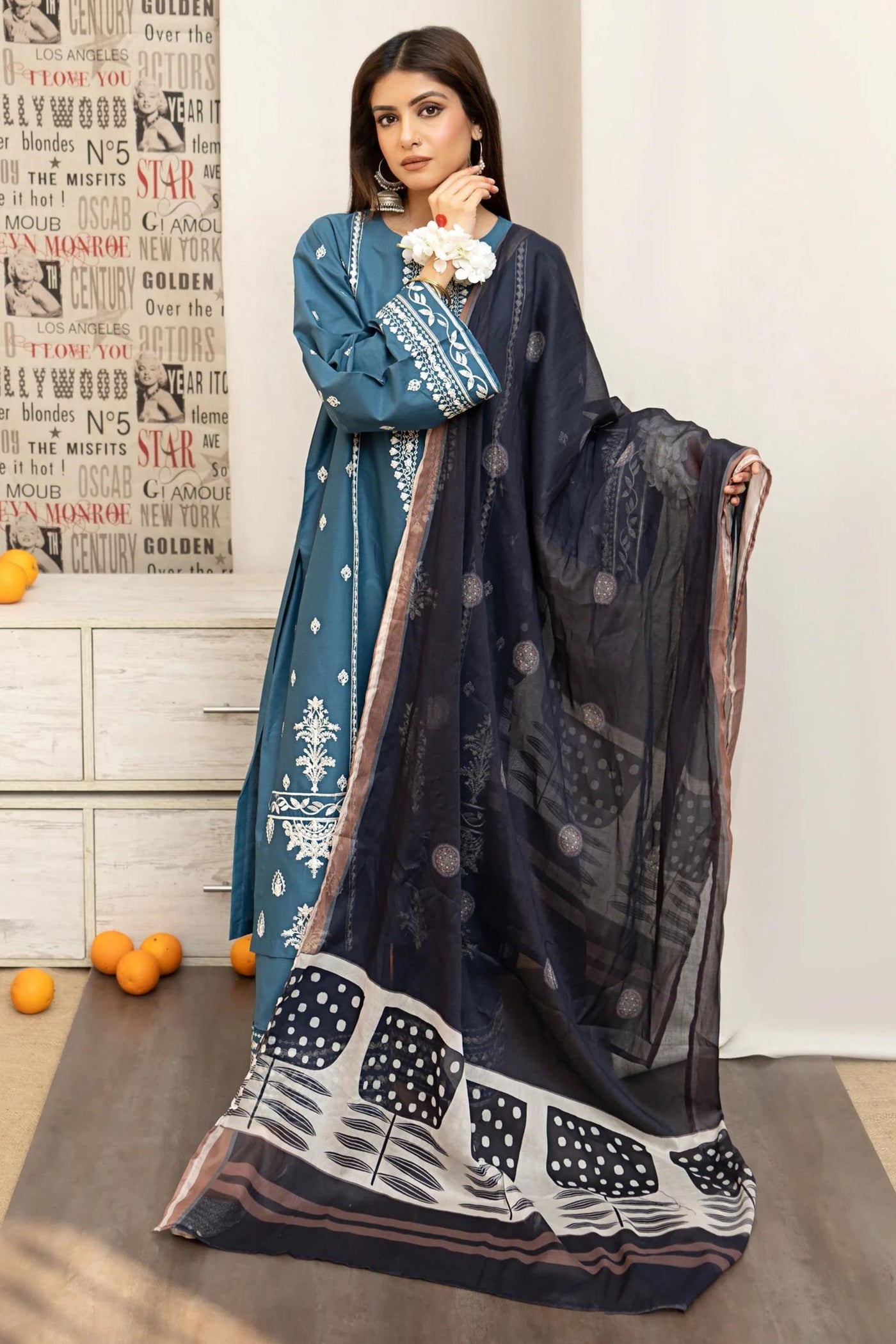 URGE - 3PC LAWN EMBROIDERED SHIRT WITH DIAMOND PRINTED DUPATTA AND EMBROIDERED TROUSER IB-0109