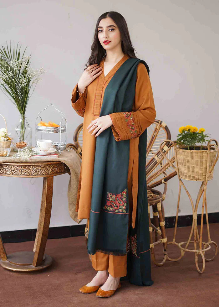 IB-424 Asling collection in Dhanak 3 Pcs with Front Neck embroidery patch with wool Shawal