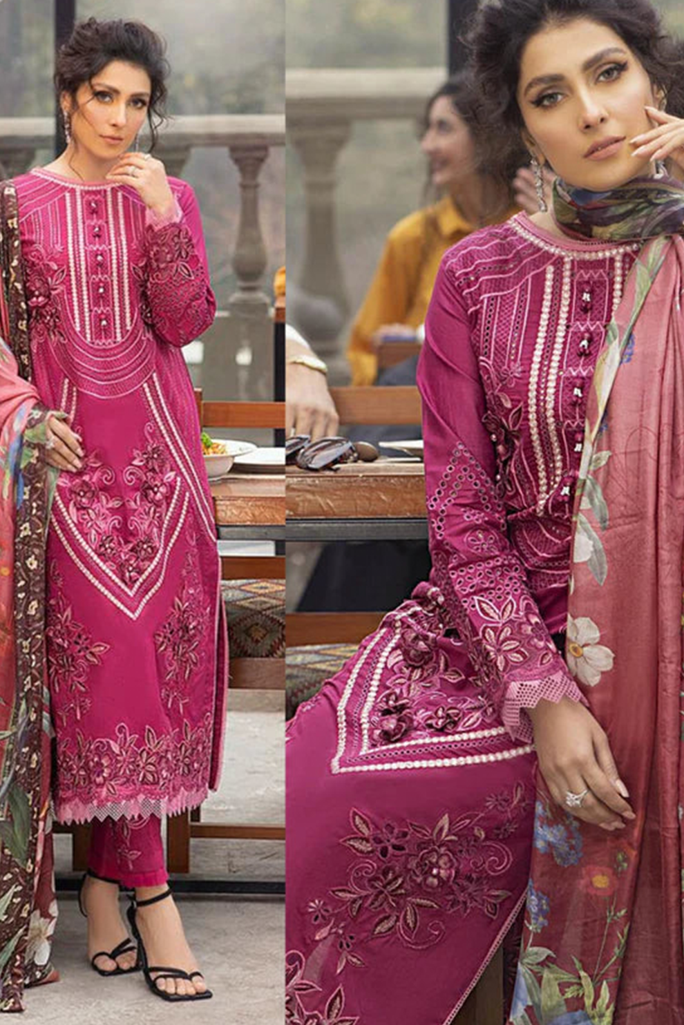 MUSHQ 3PC EMBROIDERED SUIT WITH PRINTED SILK DUPATTA IB-713