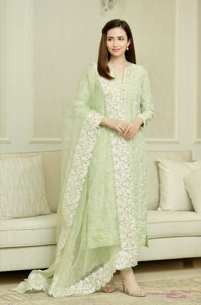 BAREEZE - 3PC HEAVY EMBROIDERED SHIRT WITH ORGANZA EMBROIDERED DUPATTA - HZG1057