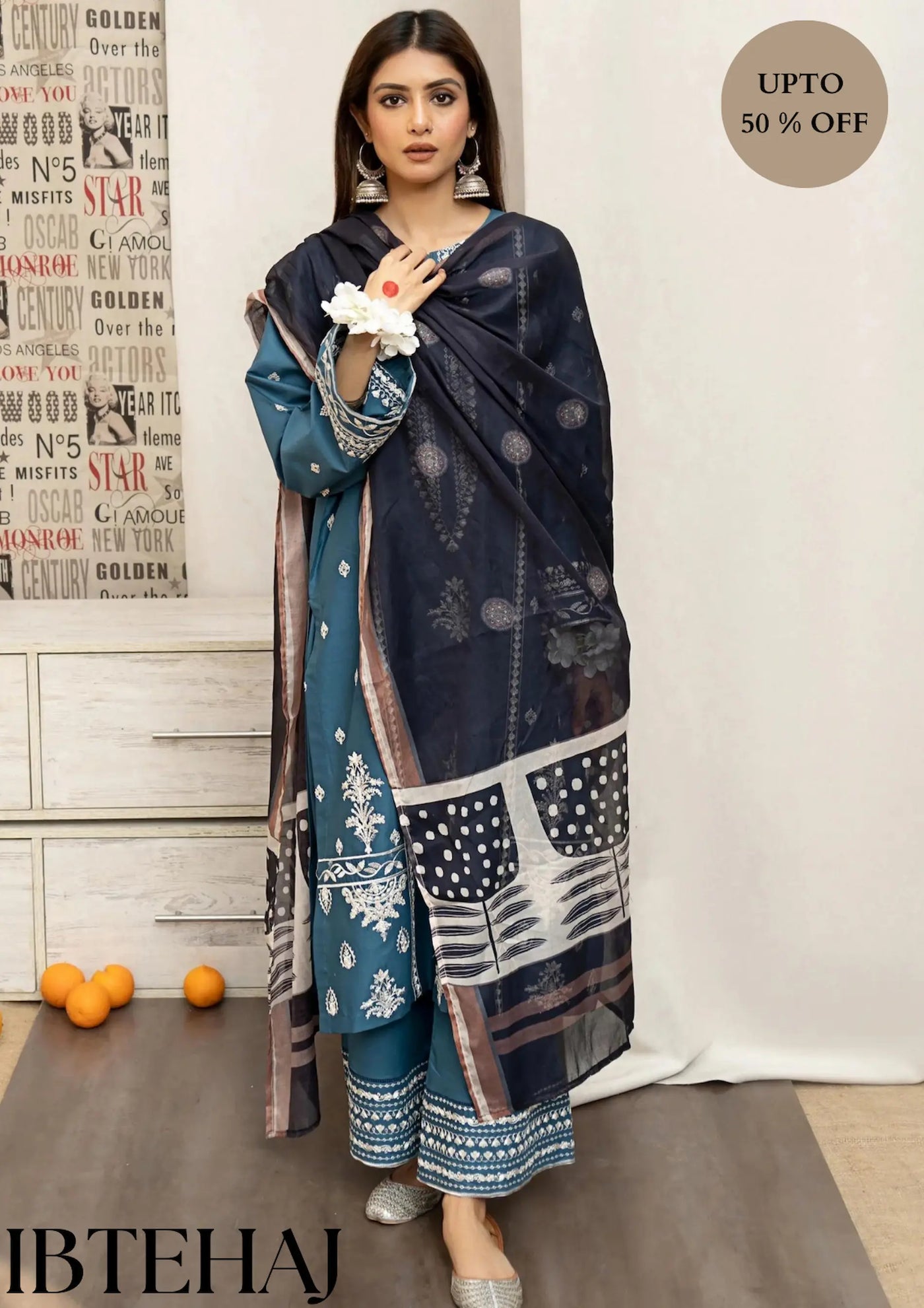 URGE - 3PC LAWN EMBROIDERED SHIRT WITH DIAMOND PRINTED DUPATTA AND EMBROIDERED TROUSER IB-0109