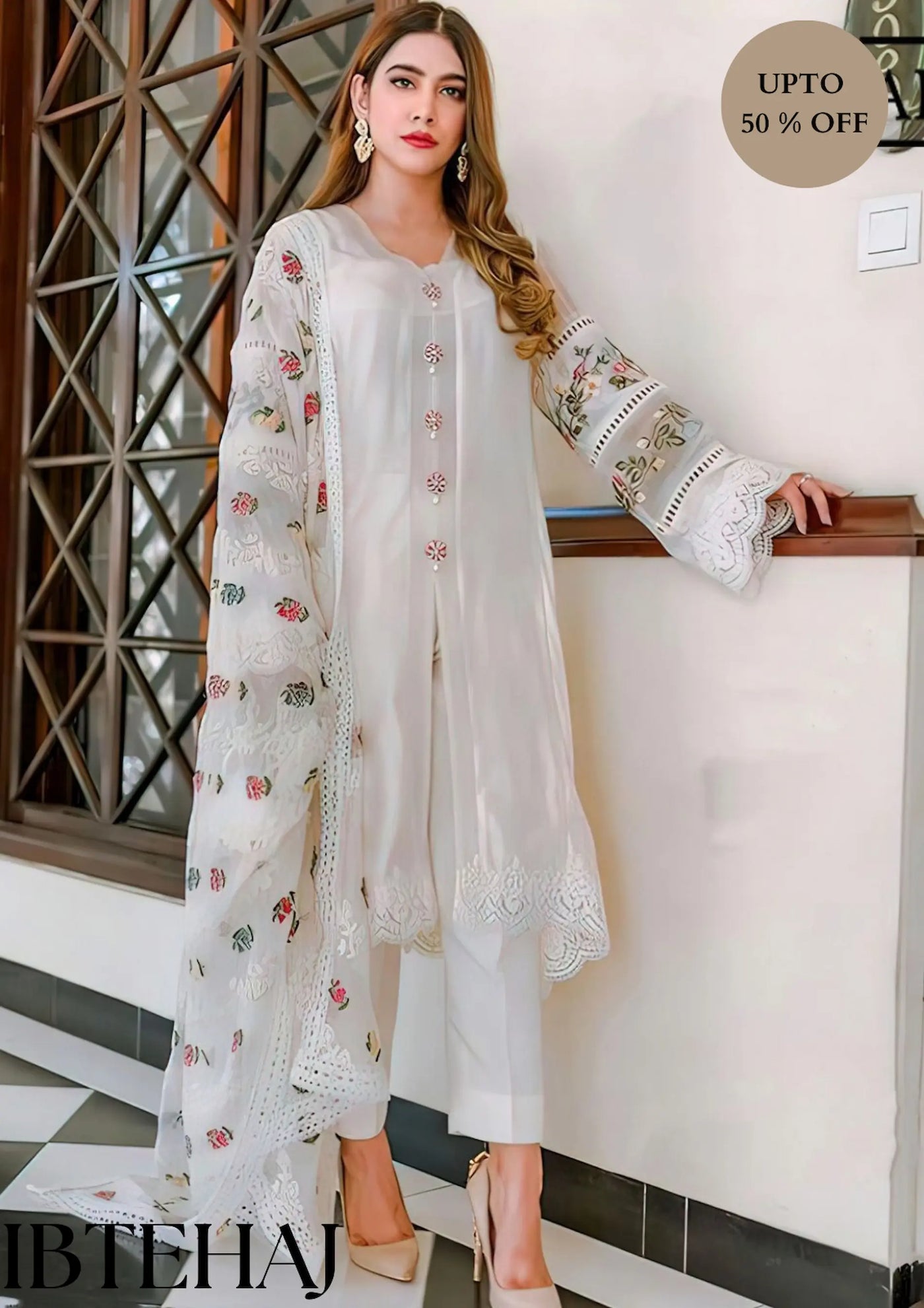 Afrozeh Linen with Embroidered Organza dopatta 3 Pcs Suit | IB-0334