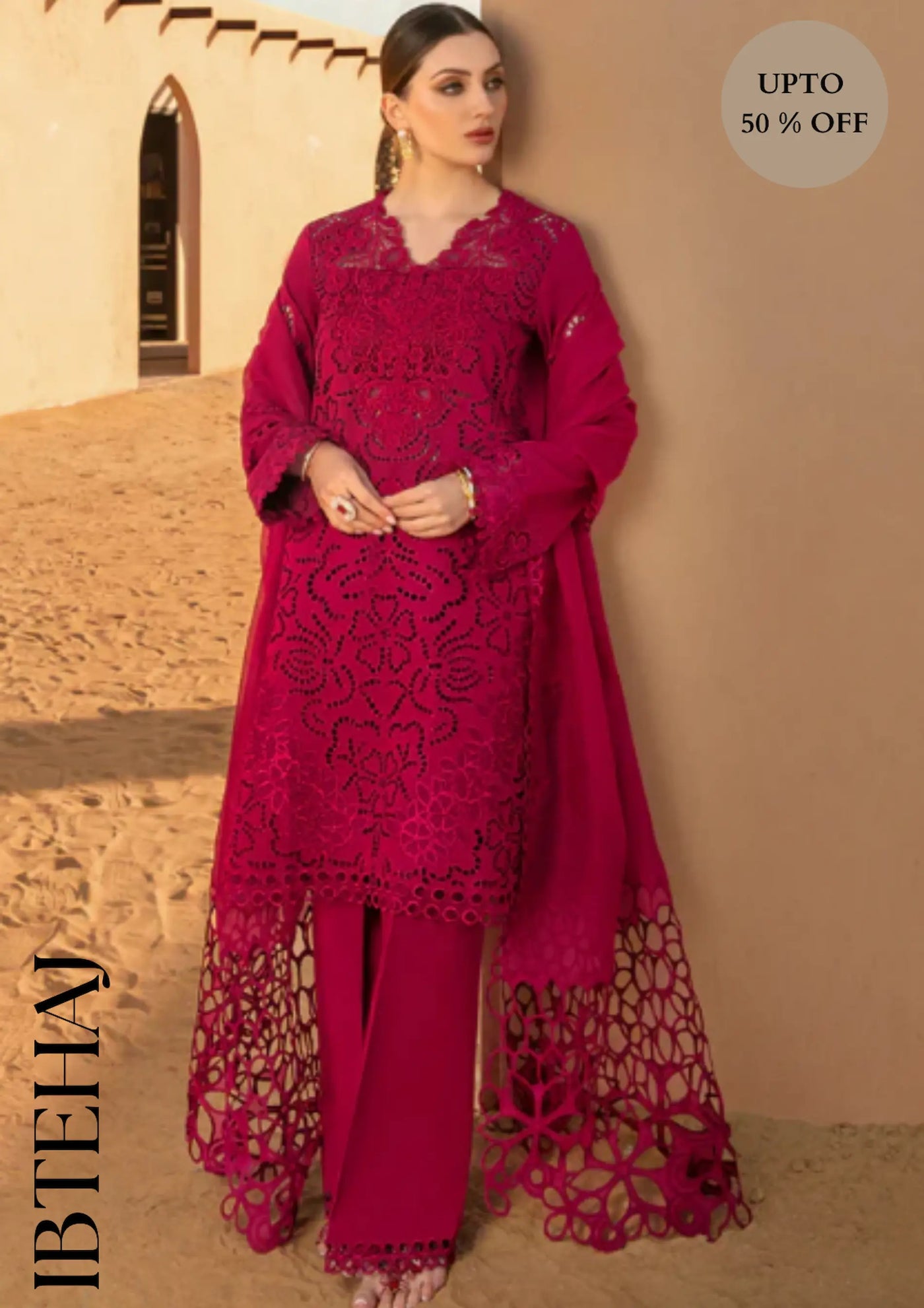 EMBROIDERED 3PC CUTWORK Winter DRESS WITH CUTWORK DUPATTA-IB-01-52