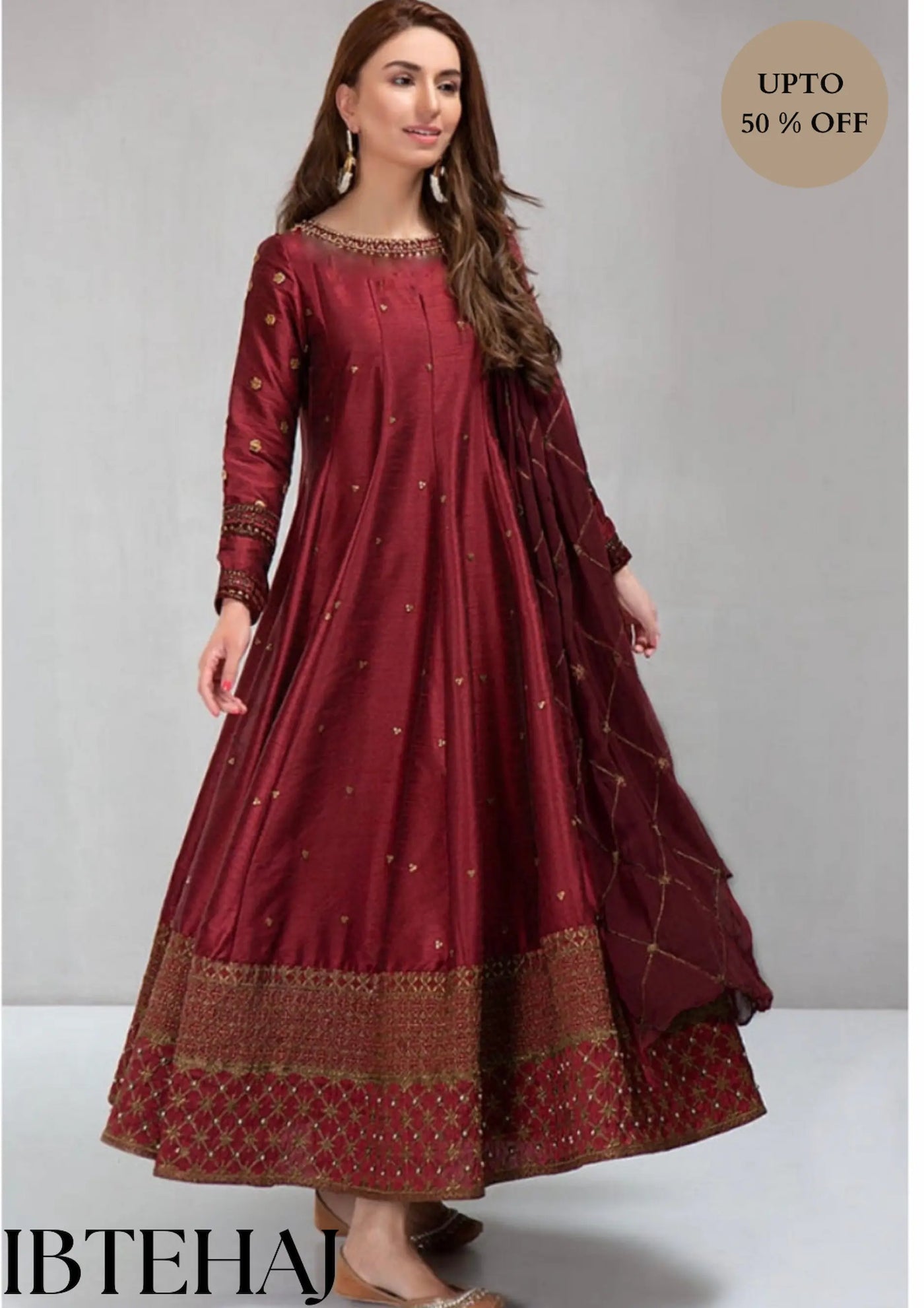 Maria B, unstiched 3 piece kataan silk frock style embroidered suit-RIB-0401 (Mehroon)