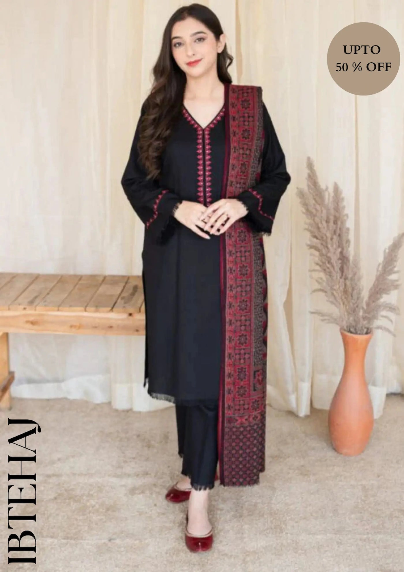 3PC Dhannak Embroidered suit with Printed Shawll IB-6223