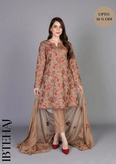 Bareeze -Embroided 3pc dress with embroidered chiffon dupatta-IB-1625 (Brown)