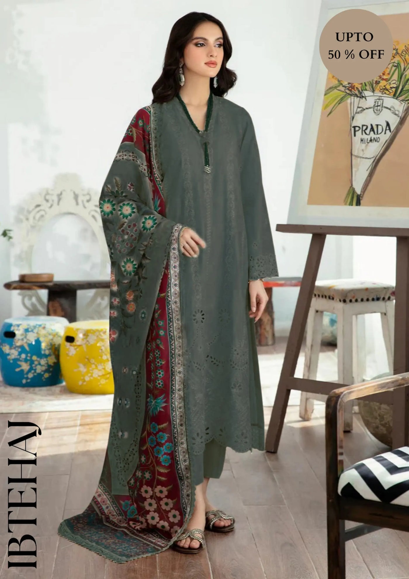 LAAM3PC CHICKENKARI EMBROIDERED SHIRT WITH PRINT SHAWL-IB-521 DG