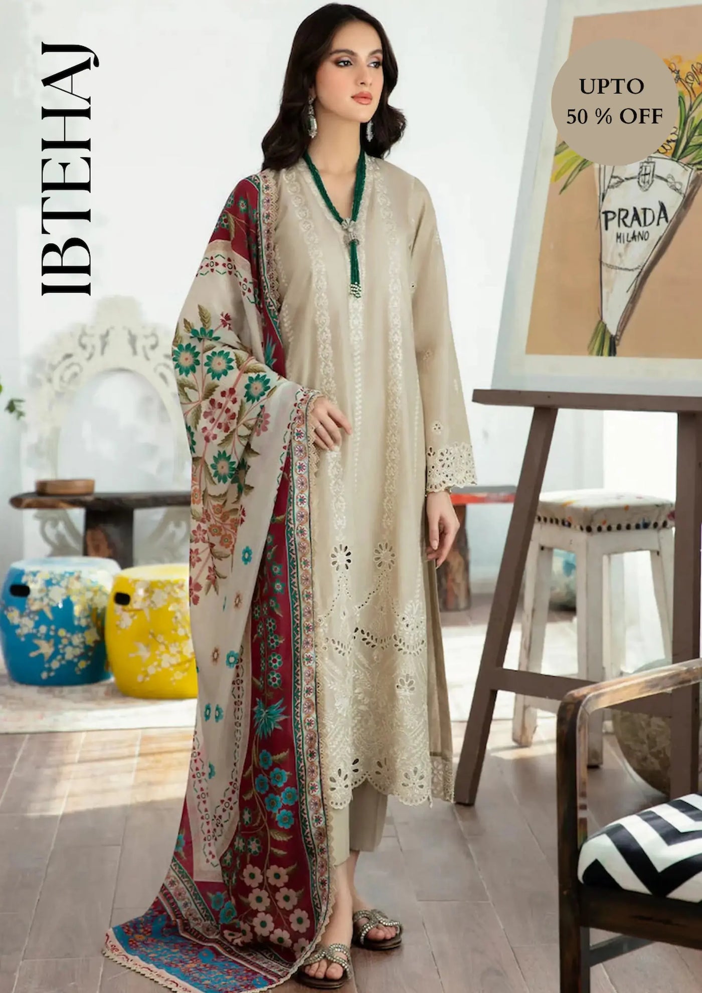 LAAM 3PC Chickenkari Embroidered Shirt With Print Shawl-IB-521