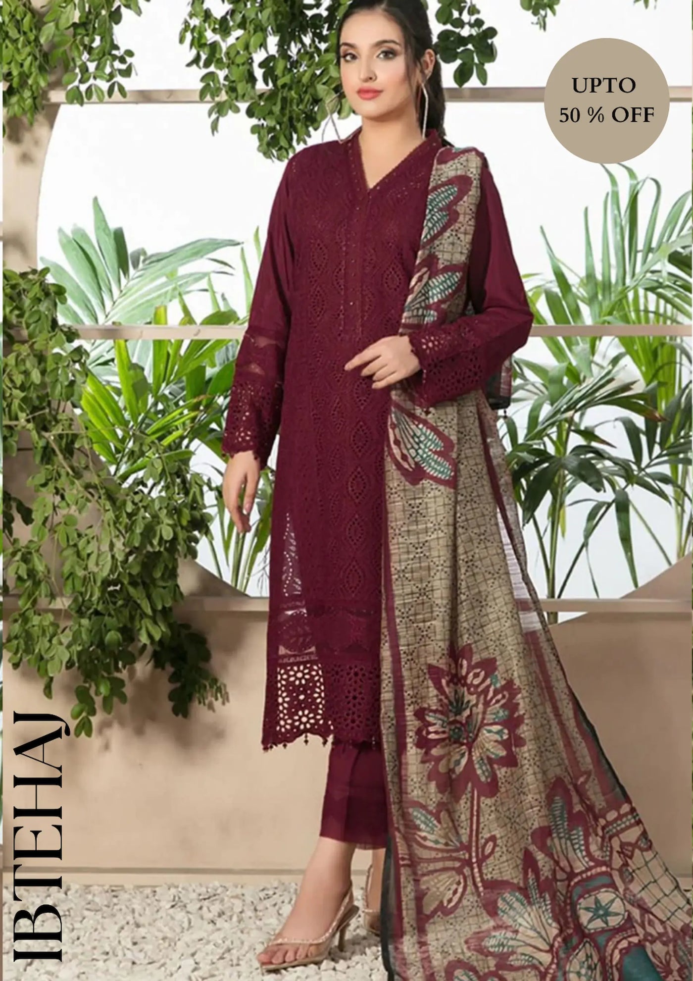 EMBROIDERED WITH COTTON SILK PRINT DUPATTA - IB-95-MAROON