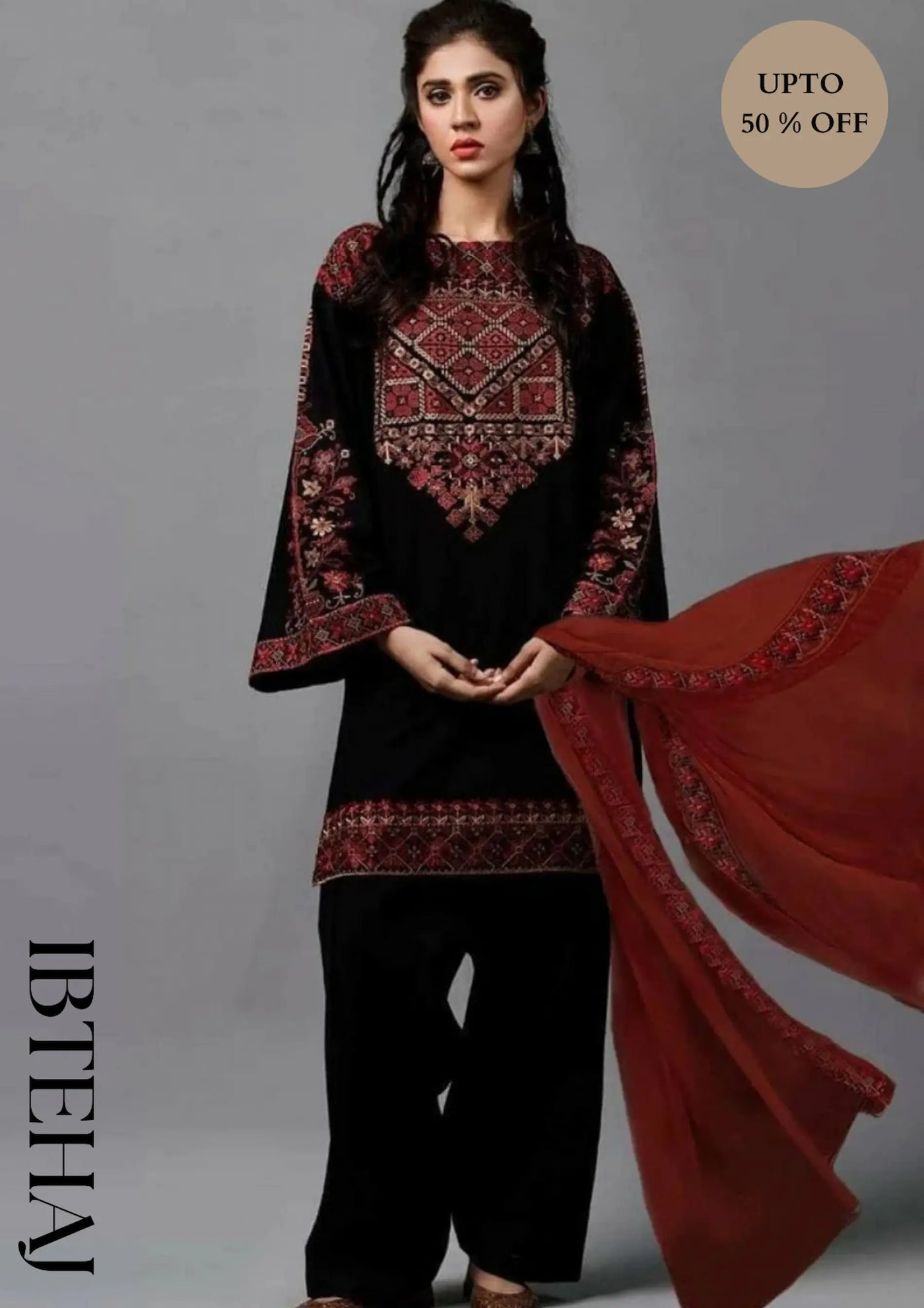 IB-413 Keyseria Quality Linen 68/68 3 Pc with Embroiderey Chiffon duppata