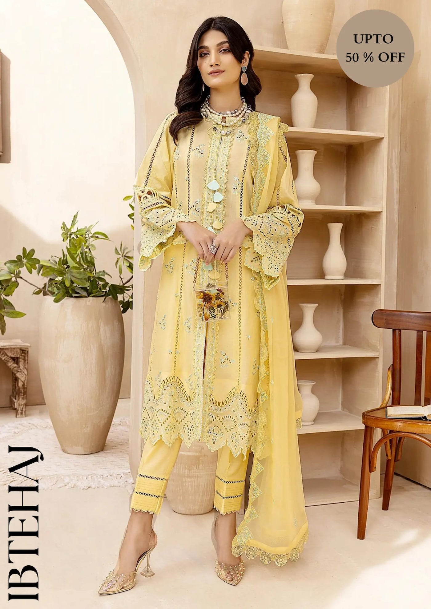 IB-429 Adan libas collection in Dhanak 3 Pcs with Heavy Neck Front Full embroidery with Heavy Embroidery Shawal