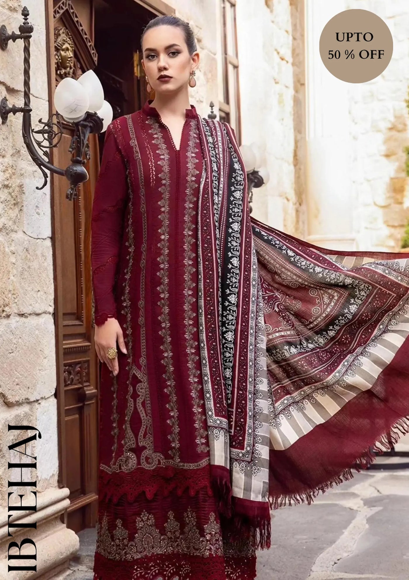 IB-425 Maria B collection in Dhanak 3 Pcs with Front Full embroidery with Dhanak Pashmina wool Shawal