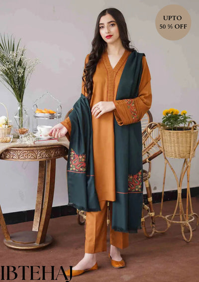 IB-424 Asling collection in Dhanak 3 Pcs with Front Neck embroidery patch with wool Shawal