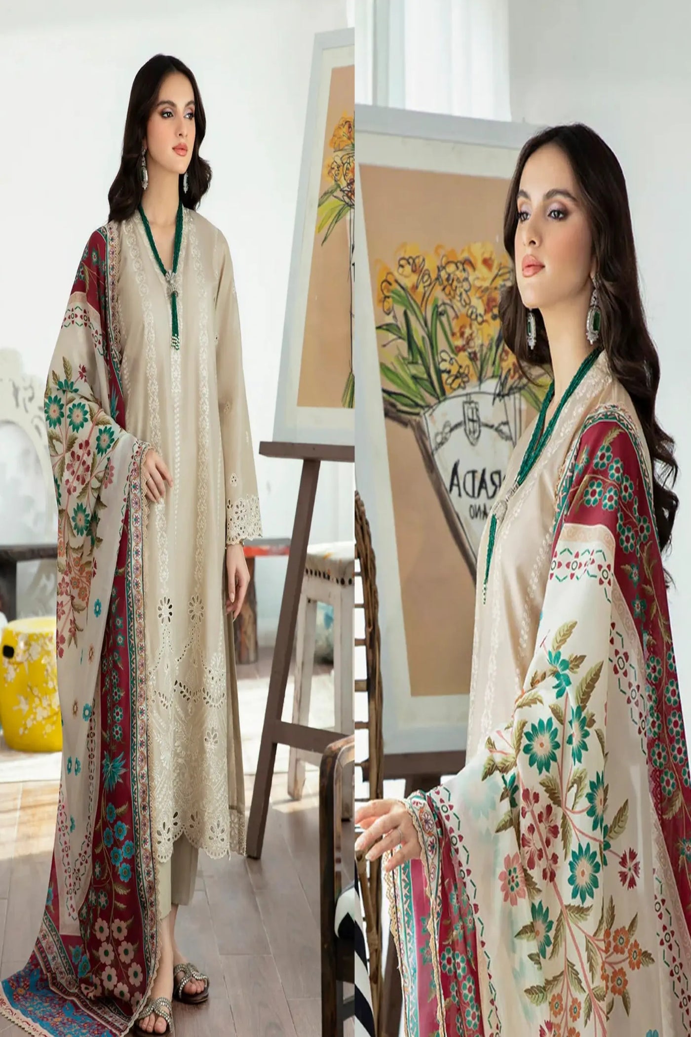 LAAM 3PC Chickenkari Embroidered Shirt With Print Shawl-IB-521