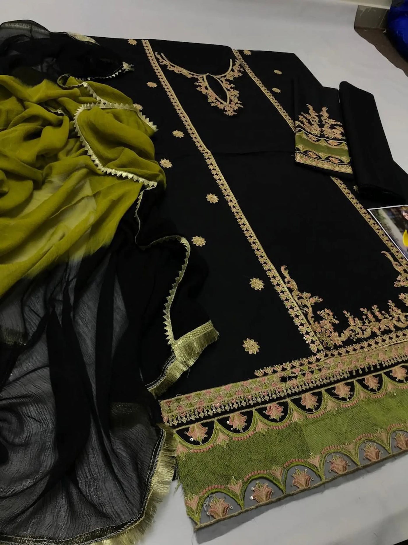 Omal By Komal Fabric 3 Piece Shirt Trousers And Dupatta IB-75412 (Black)