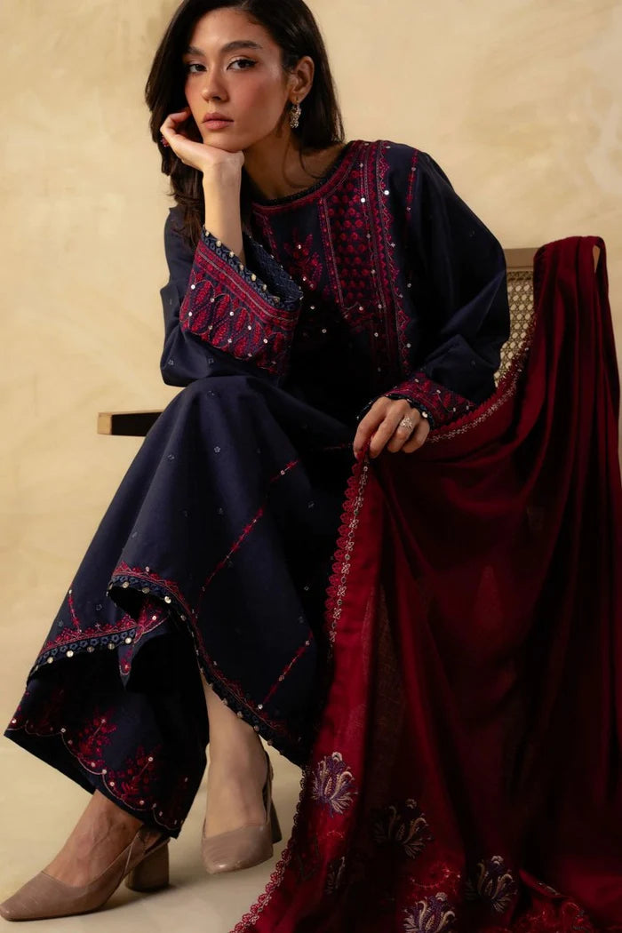 Zara Shahjahan- 3Pc Embroidered Dhanak Suit with Heavy Embroidered Dhanak Shawll-IB-32684