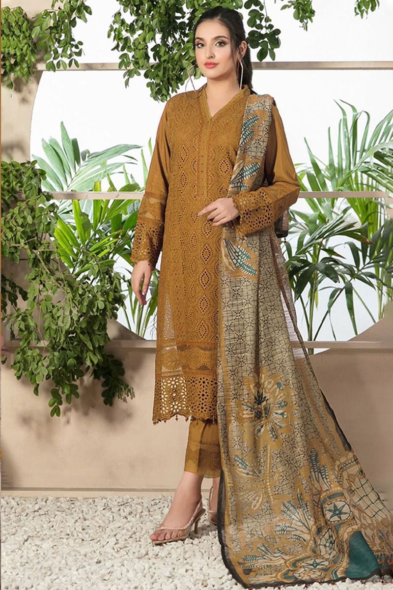 EMBROIDERED WITH COTTON SILK PRINT DUPATTA - IB-95-MUSTERD