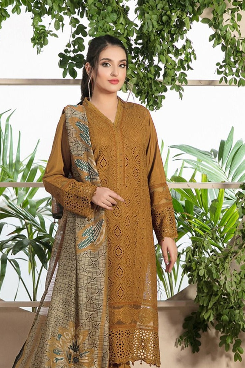 EMBROIDERED WITH COTTON SILK PRINT DUPATTA - IB-95-MUSTERD