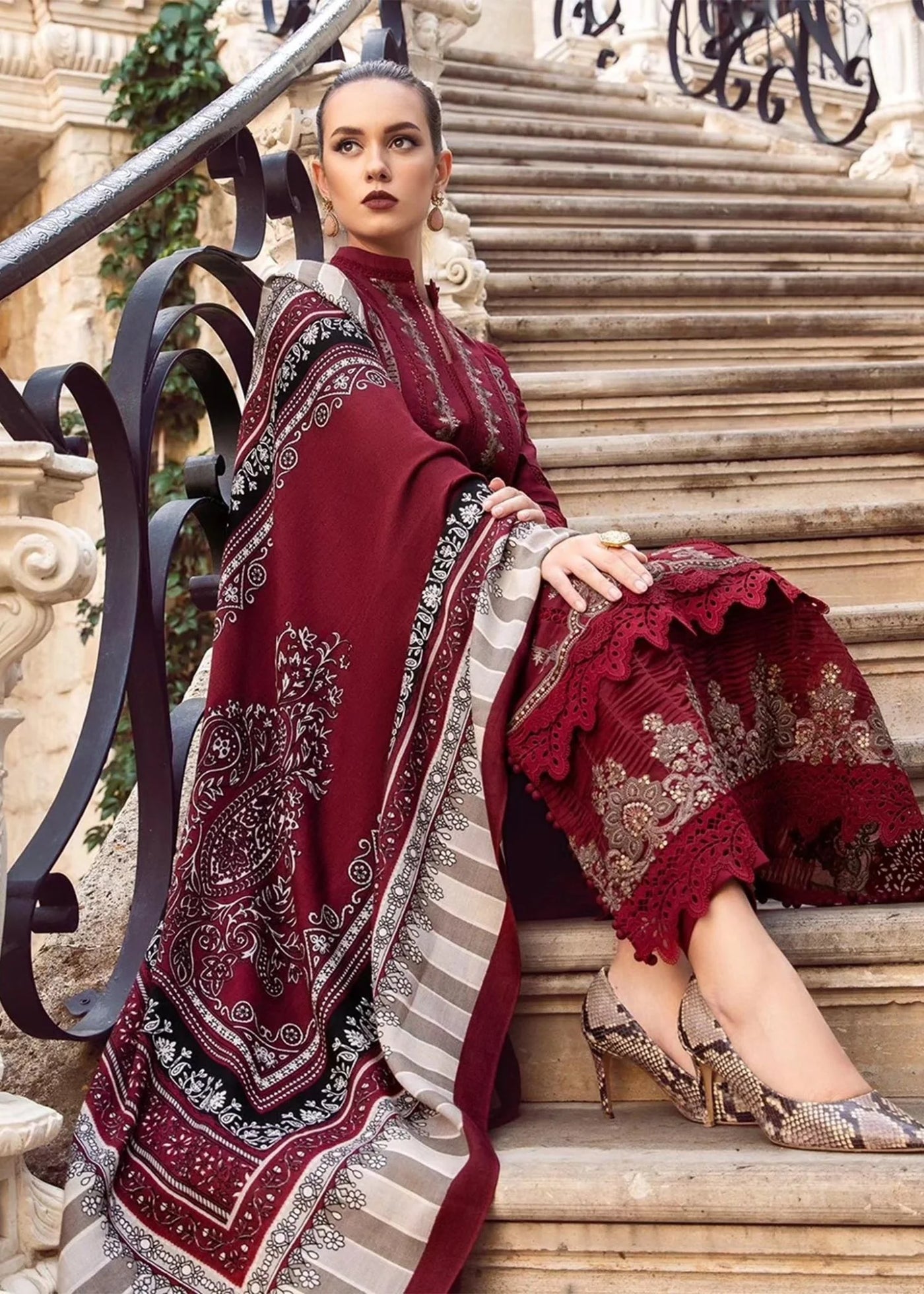 IB-425 Maria B collection in Dhanak 3 Pcs with Front Full embroidery with Dhanak Pashmina wool Shawal