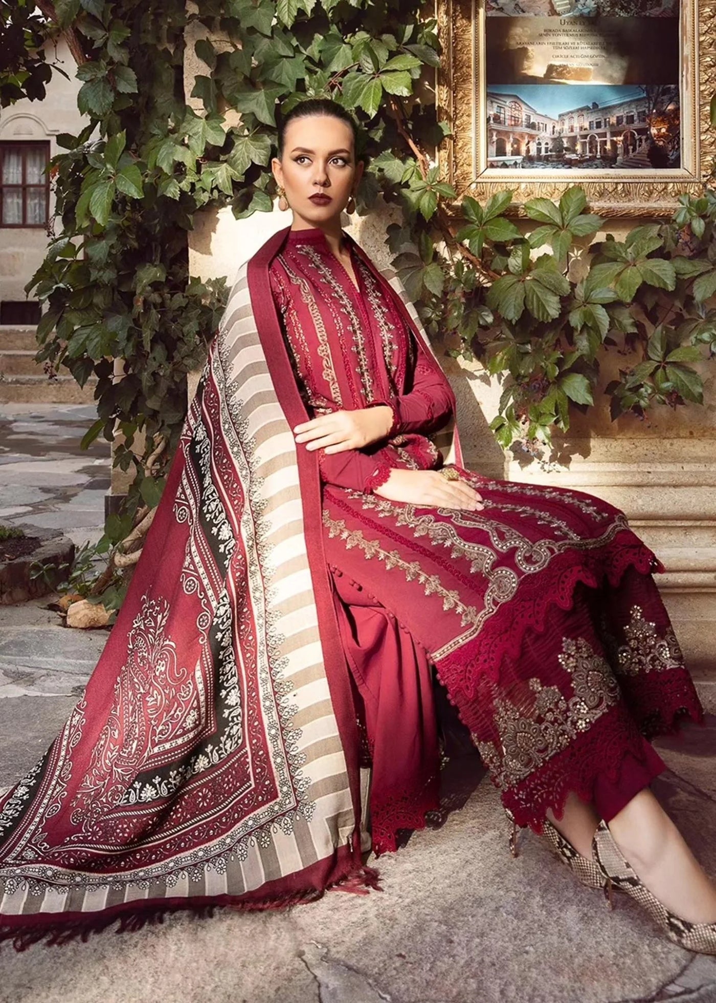 IB-425 Maria B collection in Dhanak 3 Pcs with Front Full embroidery with Dhanak Pashmina wool Shawal