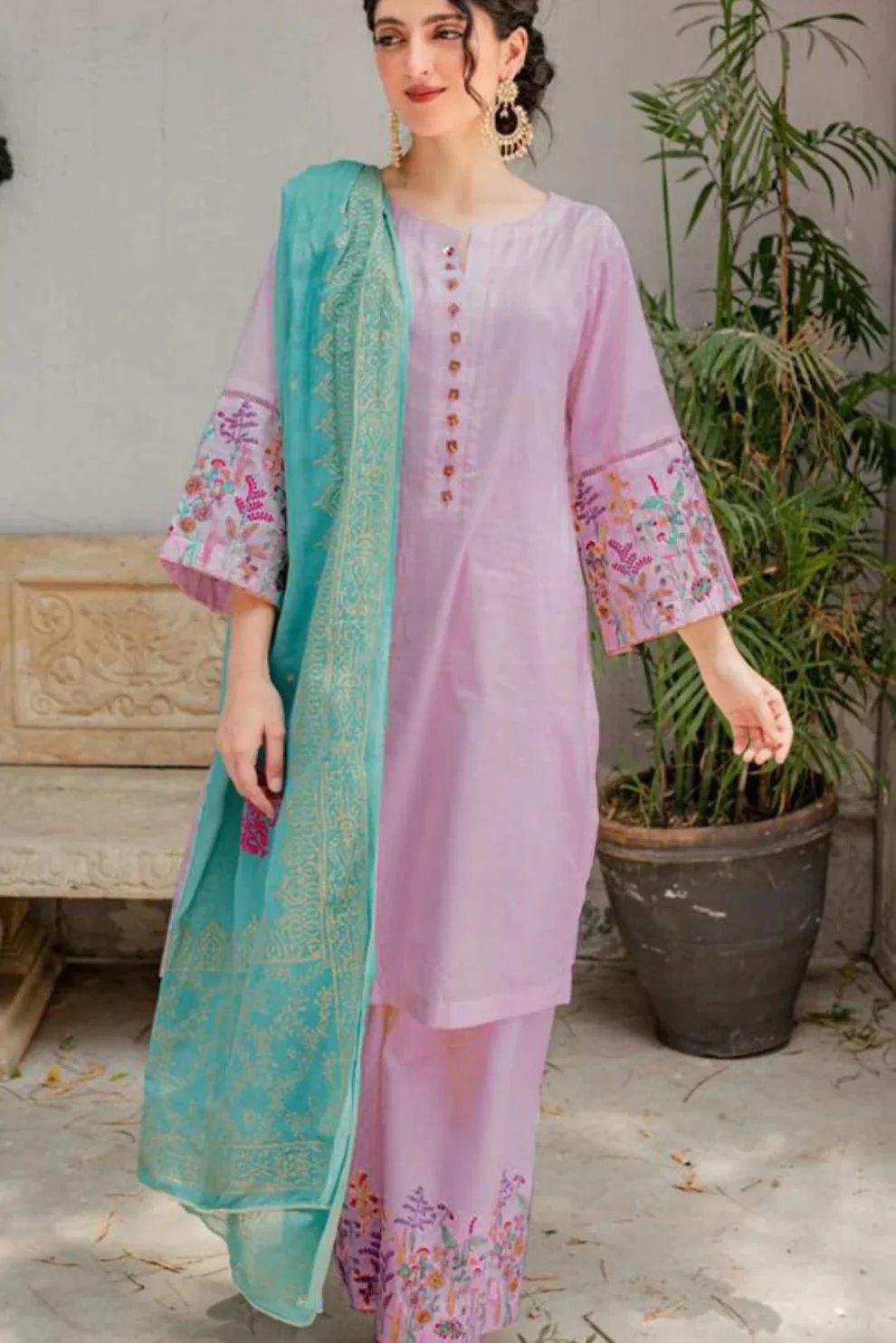 MARIA B - 3PC DHANAK EMBROIDERED SHIRT WITH WOOL PRINT SHAWL AND TROUSER-IB-125