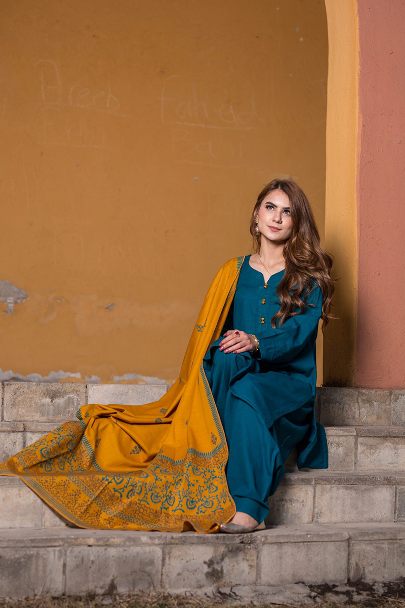 IB-202 Aqua Blue suit with Mustard Shawl