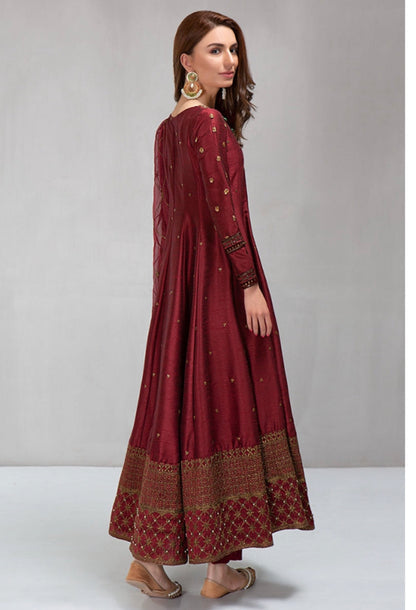 Maria B, unstiched 3 piece kataan silk frock style embroidered suit-RIB-0401 (Mehroon)