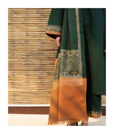 IB-409 Asling Quality Dhanak 3 Pc Front Neck Embriodered Patch with Embriodered wool Shawal