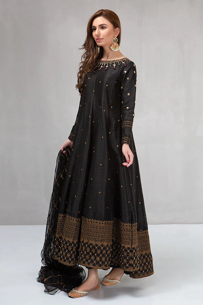 Maria B, unstiched 3 piece kataan silk frock style embroidered suit-RIB-0401 (Black)