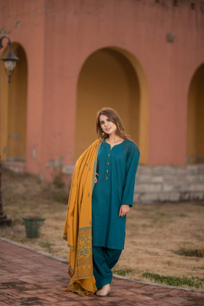 IB-202 Aqua Blue suit with Mustard Shawl