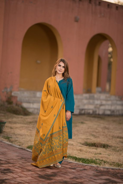 IB-202 Aqua Blue suit with Mustard Shawl